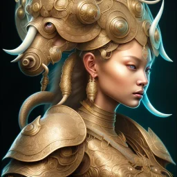 Sango fantasy, fantasy magic, intricate, sharp focus, illustration, highly detailed, digital painting, concept art, matte, art germ and Paul Lewin and Kehinde Wiley, masterpiece silver elephant head bronze Buddha Asian African girl nice breast Hawaiian hair turquoise golden waves