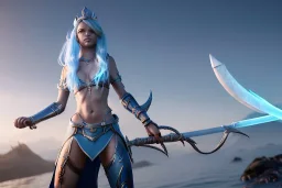 [Sea Elf] [Maormer] Hero Queen with [white hair] and [blue skin] wielding a blue glass sword on a ship with crew [fantasy] [realism] [Elder scrolls]