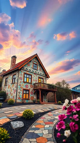 "Midnight Serenade unique" low view angle shot down rainbow sky , large close up a beautiful house by the lak, granite terrazzo motifs with puzzle modern , clothing is decorated with colorful filigree abstract, Collage chutes papiers magazines,Spirograph background by Nisa Kiley, Textile Artist،