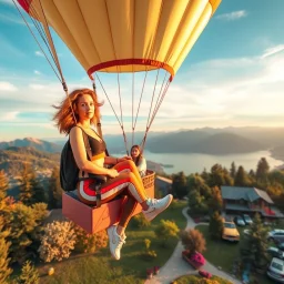 very beautiful lady with beautiful sports pant and top and sports shoes with curvy hair in a nice balloon with a few people in sky of a nice villa yard with trees flowers ,in country side in floor of beautiful mountains ,sea with ships ,water falls ,