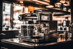a photo of an Express Espresso Machine backlit in a café with a narrow aspect ratio