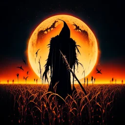 double exposure silhouette of brilliant fantastical cloaked Grim Reaper with red glowing eyes photo layered with moon rising over field of cornstalks, dark-gold scythe, Eldritch aesthetic, dynamic composition