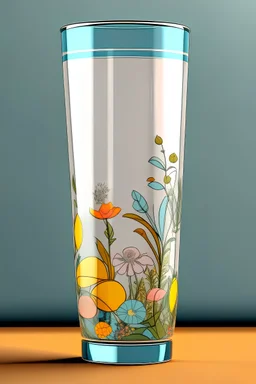 a mock image of a glass tumbler, with trendy designs, flowers, cartoon style