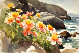 Sunny day, spring, flowers, rocks, mountains, epic, winslow homer watercolor paintings