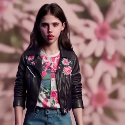 Margaret Qualley toddler, full body, leather jacket, floral shirt, floral skirt, shoe, soft skin, movie background, dramatic lighting, hyper realistic