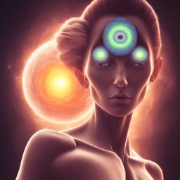 portrait full human body, meditation, third eye, universe, fourth dimension, fractal, realistic, 8k, high quality, extreme detail, symmetrical,