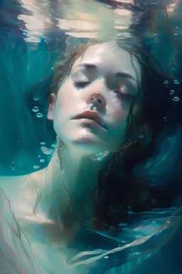 An ethereal, impressionist-style portrait of a person submerged in water, using soft, fluid brushstrokes and a dreamy color palette to convey the weightlessness and tranquility of being underwater.