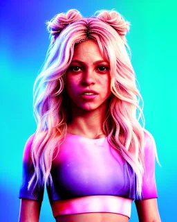 portrait, Shakira, blonde artist, Realistic image, drinking a strawberry milkshake, pink line make-up, sweat, fog, goddess style, Neon colors, leds. Color background, photo studio, concept art, smooth, unreal engine 5, god lights, ray tracing, RTX, lumen lighting, ultra detail, volumetric lighting, 3d, finely drawn, high definition, 4k.