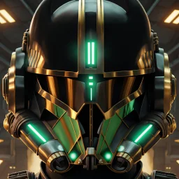 star wars bald male corellian pilot wearing black and bright gasoline green First Order special forces TIE pilot commando armored flightsuit and helmet with gold trim inside the jedi temple, centered head and shoulders portrait, hyperdetailed, dynamic lighting, hyperdetailed background, 8k resolution, volumetric lighting, light skin, fully symmetric details