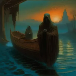 A hooded ferry man transports a soul across the river Styx, panoramic view,in the style Zvidslav Beksinski