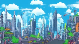 detailed alien cityscape, buildings with balconies, tracks, roads, paths, river, blue sky, white clouds