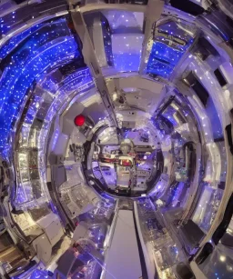 Inside futuristic space ship with Christmas decorations