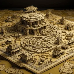 A beige field with a house made out of gears designed in ancient Egyptian hieroglyphics painted by Qiu Ying