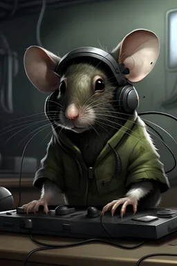 happpy rat with a headset on from the game tarkov and a vacum cleaner