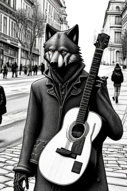 One single mature wolf, worn out clothes, playing guitar in the street , Vienna, mourning, model style, hyper realistic, extremely accurate, delicate, extremely detailed, Graphic novel style, wide-angle, open aperture, superfine pencil