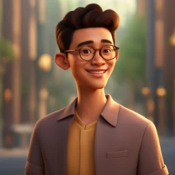 a portrait of smiling man. indonesian. carricature. dark brown hair. undercut hair. brown skin. dark brown eye pupils. wearing small rectangle glasses. triangle face shape. skinny body. semi formal dress. pixar style. 3D. 4k. portrait. highly detailed. sharp focus. high resolution. full color. cinema lighting