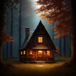 a warm welcoming cottage in a dark autumn forest, lots of trees, romantic fairytale mood