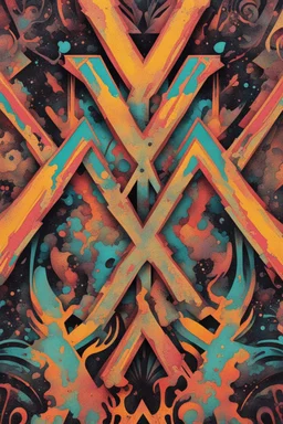 Ornate art deco 'X' splattered with psychedelic paint and graffiti