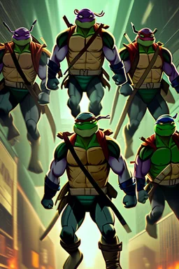 [teenage mutant ninja turtles, blurry background, city underground]Four TMNT in their iconic scene