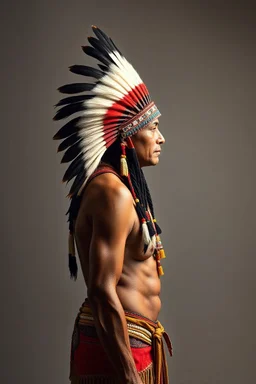 Traditional Native American , full body side view, looking at the you viewer, studio photograph, very aesthetic, highly detailed, brilliant composition, hyper realistic, photorealistic, subsurface scattering matt painting