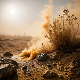 A striking quality Kodak photograph captures a wasteland with liquid, Amano, Ernst Haekel, Mucha, creepy, details of the dust and liquids very accentuated, glossy organic mass, odd vegetation, adorned with minerals and rocks. Bathed in intense light, eerie, Max Ernst style, white sun, fog