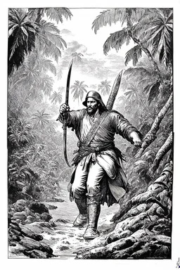 Vasco Núñez de Balboa crossing the panama jungle to the pacific ocean in the style of davinci sketch