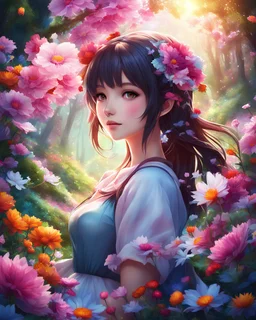Please create a beautiful digital artwork featuring an anime girl surrounded by flowers in a magical forest. Use vibrant and vivid colors to bring the scene to life.
