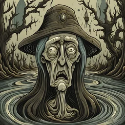 A disquieting and dreamlike illustration of an old колдунья, or witch. The woman is depicted as elderly, with a distorted and elongated face. Her eyes are wide and staring, and her mouth is open in a silent scream. She floats in a surreal landscape, surrounded by melting clocks, floating eyeballs, and other strange and unsettling objects. -
