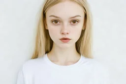 Polaroid, top model gemma ward,, cheveux long blonds sésans frange, yeux marron, petit nez, visage poupin, t-shirt blanc, fond blanc