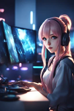8k quality realistic image of a beautiful anime girl, gamer Infront of PC, up close, 3d