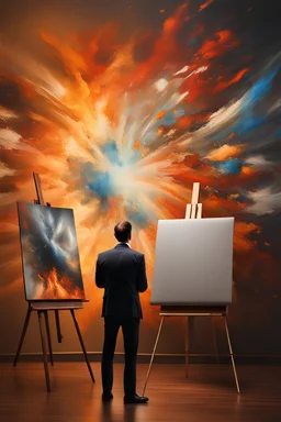 A artist is looking at his canvas painting, the painting is exploding towards him with like scattering memories and images that was painted, abstract, surrealism,weird,8 k, , high quality