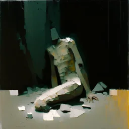 Minimal abstract oil painting of concrete fragments of body and illuminated . In the style of Justin Mortimerand Ashley Wood