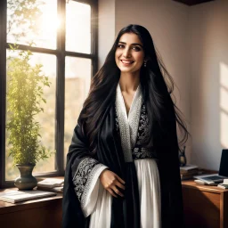 Hyper Realistic Photographic View Of A Gorgeous Pashto Young Woman (Wearing Long Black Coat With White Dress With Black Embroidery & Wearing Plain Black Dupatta On Her Neck) Alone Happily Standing & Smiling In Her Office Room With Her Beautiful Long Black Hair With Sun Rays Coming From A Fancy Window At Her Back, With A Little Garden View From Outside WIndow Showing Dramatic & Cinematic Ambiance.