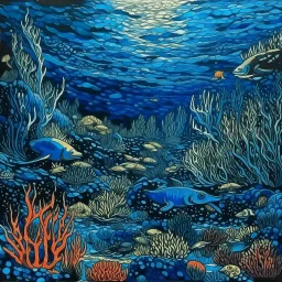 A dark blue coral reef with marine animals painted by Vincent van Gogh