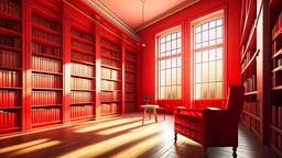 Modern red library interior with sunlight. Decor and desing concept. 3D Rendering