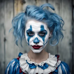 Attractive pretty young clown girl with white face paint, blue hair, sad, melancholy, dirty, photography