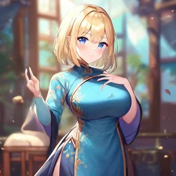 Clear focus,High resolution, Blonde hair, and blue eyes, kawaii style, wearing a Chinese Traditional dress, Blushing