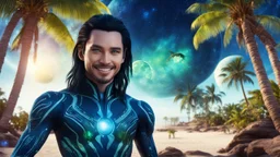 beautiful gorgeous young man na'vi with long hair, Avatar, blue skin, two small ears, green eyes, black hair, in cosmic suit, galactic ambiance, medium pointy goatee , smiling, with spaceship and planets and palm trees and clear crystaline cosmic beach in background