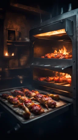 Si-Fi, The permanent under atmospheric lighting effects, an oven with rotated shish kebabs of the whole chickens rotating in side, intricate historical moody atmosphere, eerie grimdark ambiance, complex motherboard accents, speculative fiction art. Bokeh