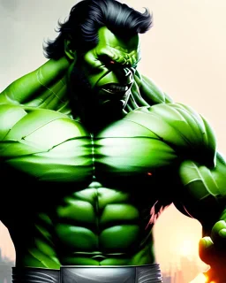 "Jake Bartok's rendition of the Hulk, full-scale head and shoulders portrait, 8k resolution concept art portrait by Greg Rutkowski, Artgerm, WLOP, Alphonse Mucha dynamic lighting hyperdetailed intricately detailed Splash art trending on Artstation triadic colors Unreal Engine 5 volumetric lighting Splash art fantasy"