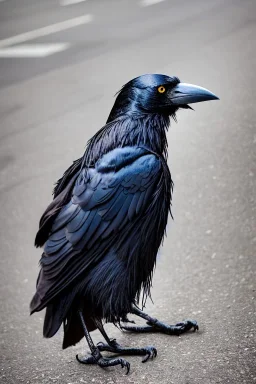 One single mature homeless crow with worn out clothes, sitting in a corner on the street, guitar standing on the left side, Vienna, mourning, perfect iris, model style, hyper realistic, extremely accurate, delicate, extremely detailed, Graphic novel style, wide-angle, open aperture, superfine pencil