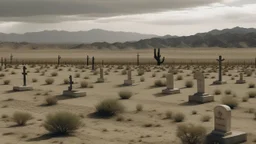 A desert landscape with a graveyard in the foreground, featuring numerous white crosses and headstones scattered across the arid terrain. The background depicts a mountainous horizon under a cloudy sky. The overall scene has a somber and desolate atmosphere