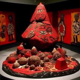 A red volcano with pyrokinetic fire designed in African masks painted by Jean Dubuffet