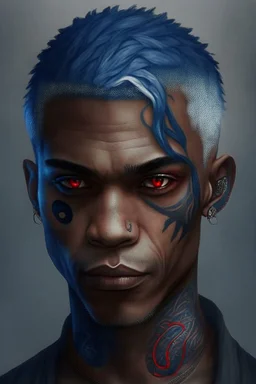 Brown skin, red eyes, straight short blue-grey hair, snake tattoo on neck, black clothes, round face, man