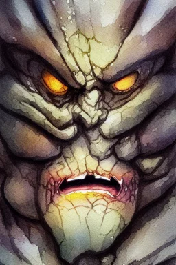 dnd, fantasy, watercolour, ilustration, dao, rock surface, earth elemental face, angry, greedy, powerful