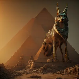 A portrait post-apocalypse of Jackal Egyptian God Anubis ,in the third temple, sci-fi fantasy style, volumetric lighting, particales,highly detailed,cinamatic,8k,3D,gold and black deep colours.