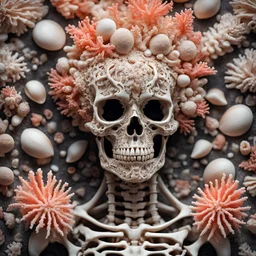 skeleton made of shells and coral, Splash, Portrait Photography, Fantasy Background, Intricate Patterns, Ultra Detailed, Luminous, Radiance, beautiful, Ultra Realism, Complex Details, Intricate Details, 16k, HDR, High Quality, Trending On Artstation, Sharp Focus, Studio Photo, Intricate Details, Highly Detailed