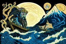 digital painting of the odyssey quest with the mythos cyclops by homer, in the style of hokusai and van gogh