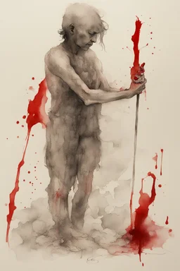 transcending the burden of past grievances weighing down their hearts; ink wash with bright red bleeding watercolors