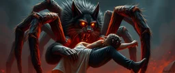 vampire space spider lion cat holding a human in its grip